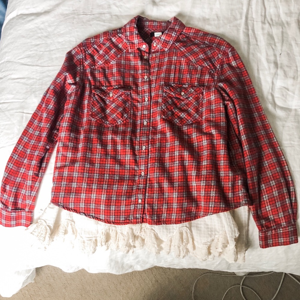 Plaid flannel button down, lace cloth on bottom